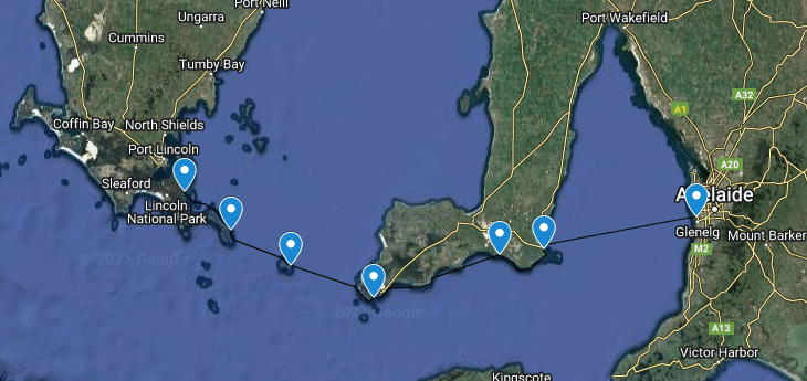 Map route of Port Lincoln to Adelaide Journey